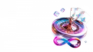 Image showing a colorful roulette wheel with playing cards and dice, representing the Infinite Fortune promotion at Gizbo.