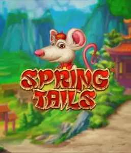 A whimsical illustration of a mouse wearing a red traditional Chinese outfit positioned in front of a scenic landscape with mountains. The image represents the Spring Tails game by Betsoft, highlighted with prominent gold and red logo lettering.